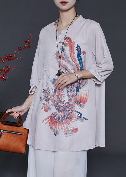 Art Beige Phoenix Print Linen Blouses Bracelet Sleeve