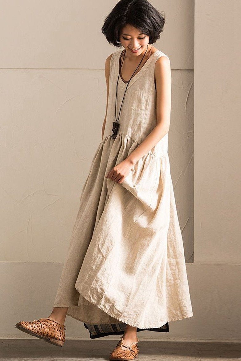 V-neck Cotton Linen Organic Sleeveless Long Dress Summer Outfits