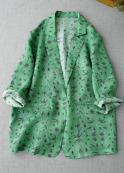 Green Notched Print Coats Long Sleeve