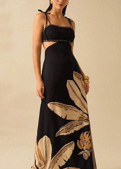 Black Backless Print Cotton Spaghetti Strap Dress Summer