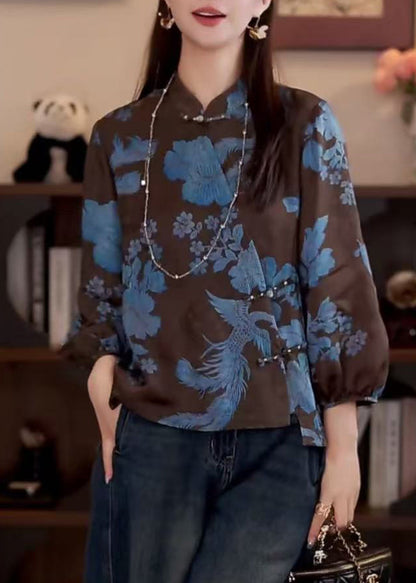Coffee Stand Collar Print Button Cotton Shirt Fall