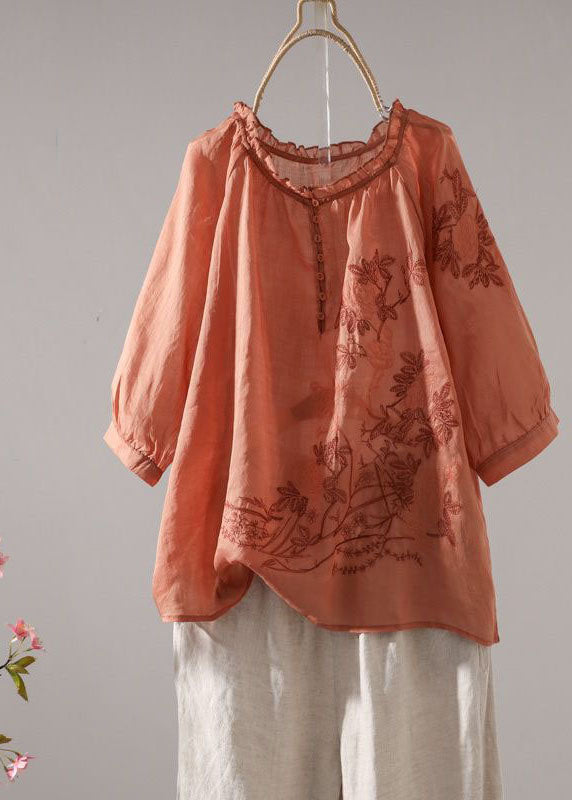 Orange Patchwork Linen T Shirt Embroidered O-neck Half Sleeve