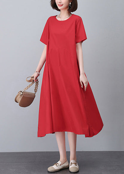 Red Pockets Cotton Dress O Neck Short Sleeve