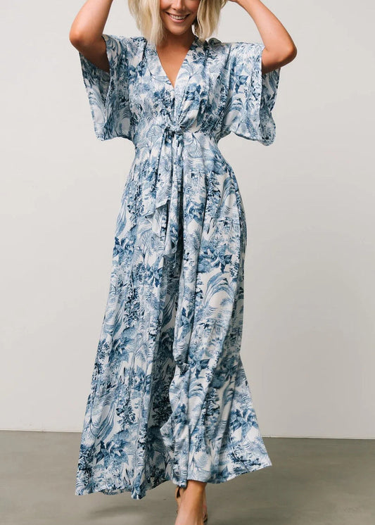 Blue Print Lace Up Pockets Cotton Jumpsuit Summer