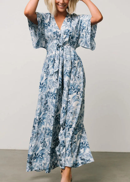 Blue Print Lace Up Pockets Cotton Jumpsuit Summer