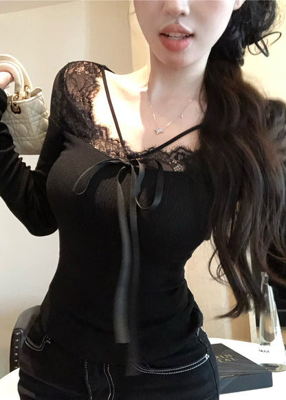 Black Lace Patchwork Silm Fit Tops Spring