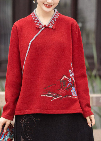 Red V Neck Oriental Button Embroidered Knit Tops Winter