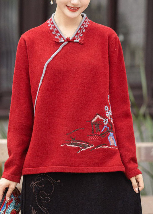 Red V Neck Oriental Button Embroidered Knit Tops Winter