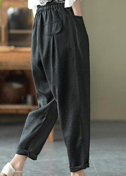 Black Pockets Patchwork Tie Waist Linen Pants Summer