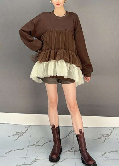 Stylish Black O-neck Patchwork Wrinkled Shirt Spring