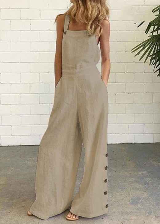 Khaki Pockets Button Patchwork Cotton Jumpsuit Summer