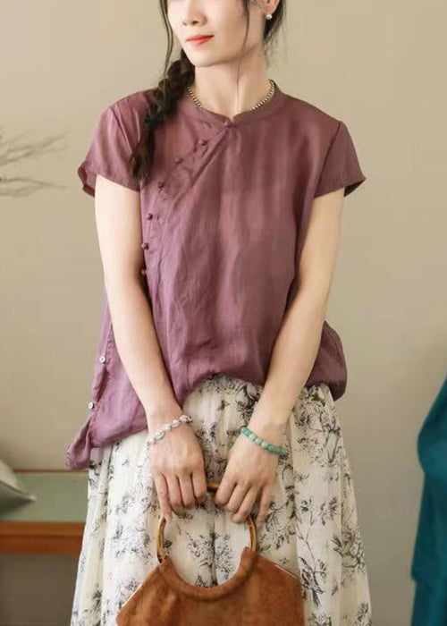 Simple Pink O-neck Button Cotton Shirt Summer