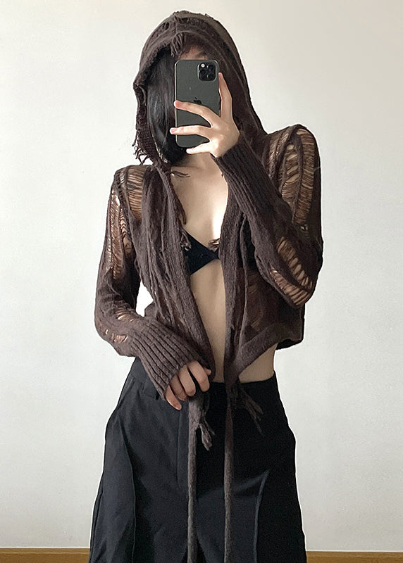 Novelty Coffee Tasseled Hollow Out Hooded Cross Strap Knitted Top