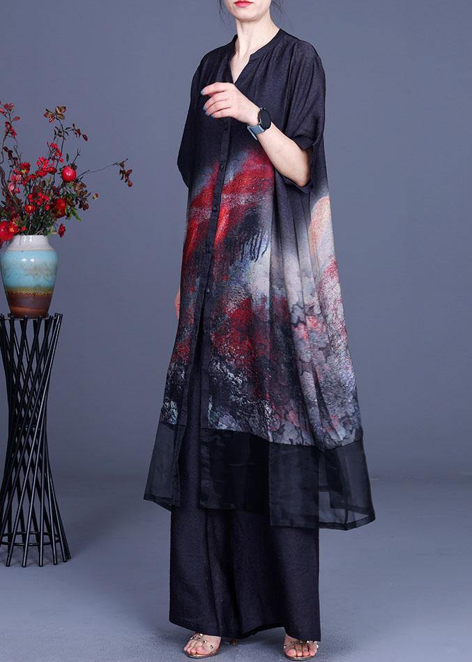 Black Print Cardigan + Wide Leg Pants Two Piece Set Summer