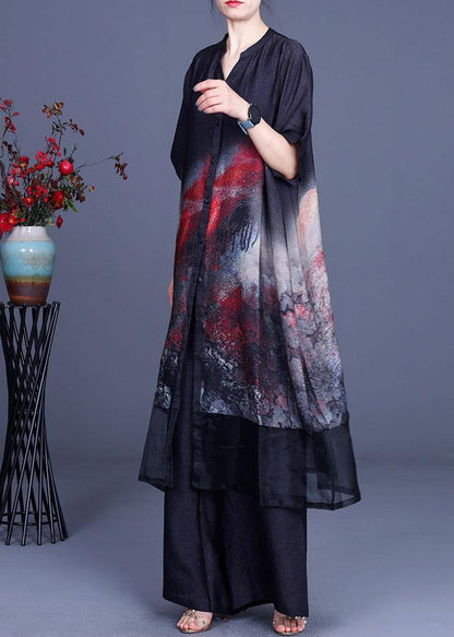 Black Print Cardigan + Wide Leg Pants Two Piece Set Summer