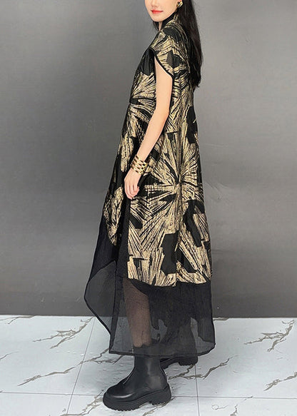 Gold Stand Collar Print Patchwork Cottondresses Summer