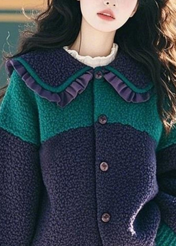 Navy Peter Pan Collar Ruffled Button Faux Fur Coat Spring
