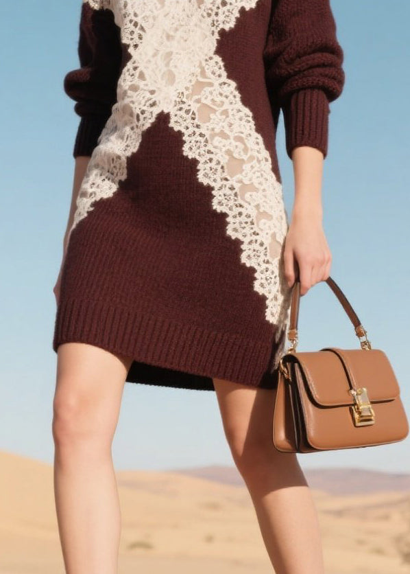 Mulberry Hollow Out Patchwork Lace Sweater Dress Winter