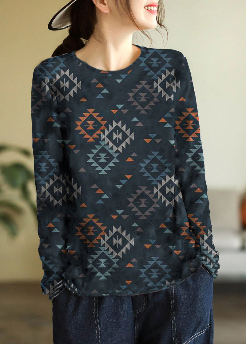 Beige O-neck Print Cotton Knitted Top Long Sleeve