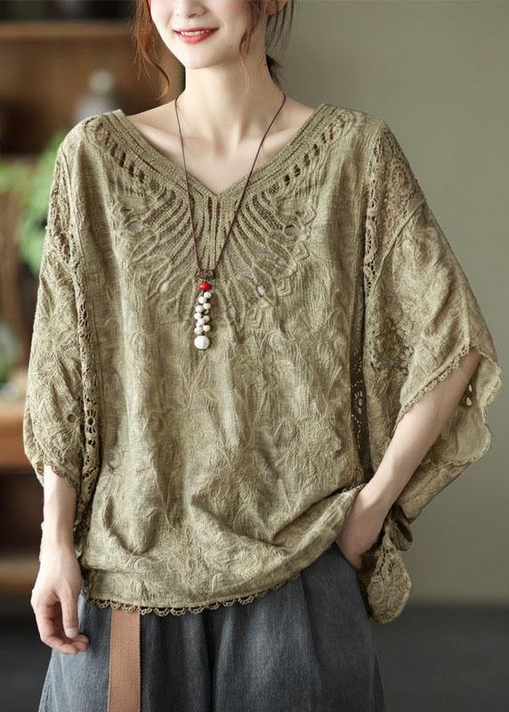 Khaki Cotton V Neck Embroidered Hollow Out Summer Blouses
