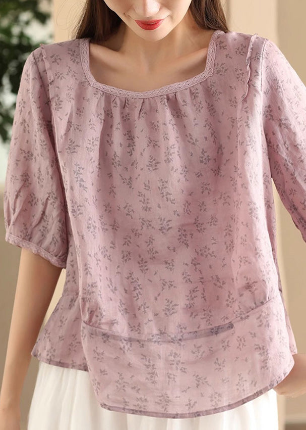 Green Print Wear on Both Sides Linen Shirt Button Half Sleeve