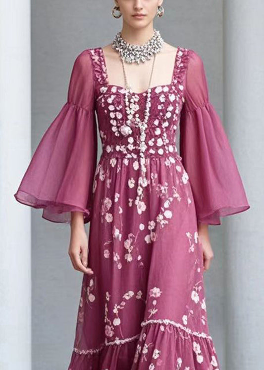 Rose Square Collar Print Chiffon Dress Flare Sleeve