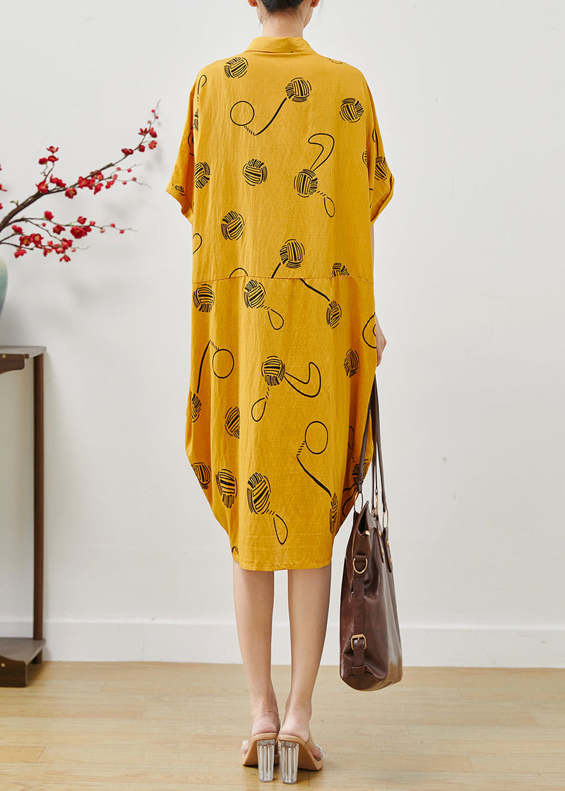 Yellow Oversized Print Cotton Holiday Dress Summer