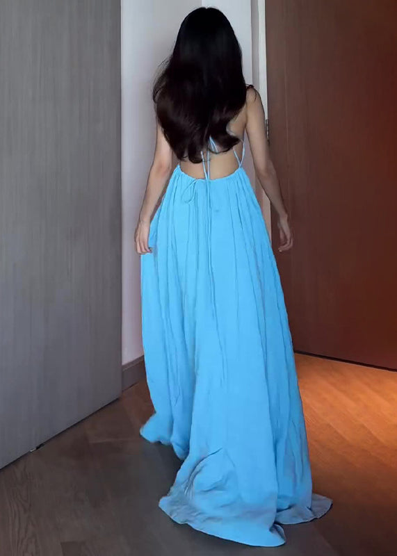 French Blue Lace Up Spaghetti Strap Dress Sleeveless