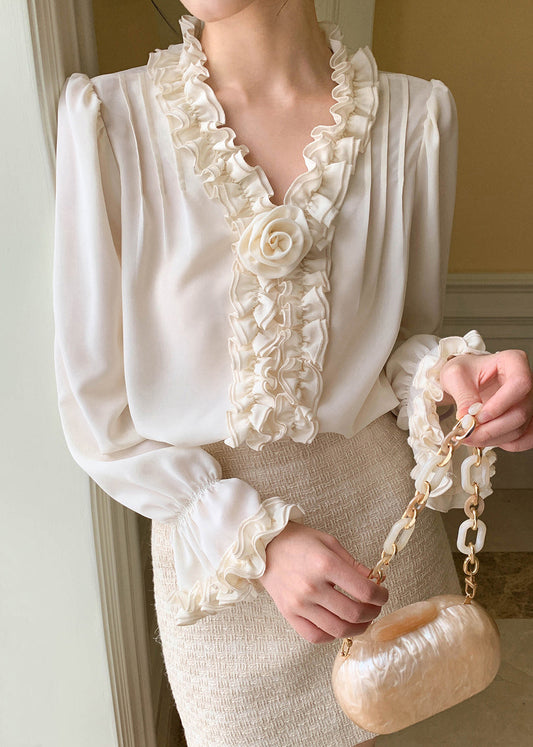 Art Apricot Ruffled Chiffon Shirt Petal Sleeve