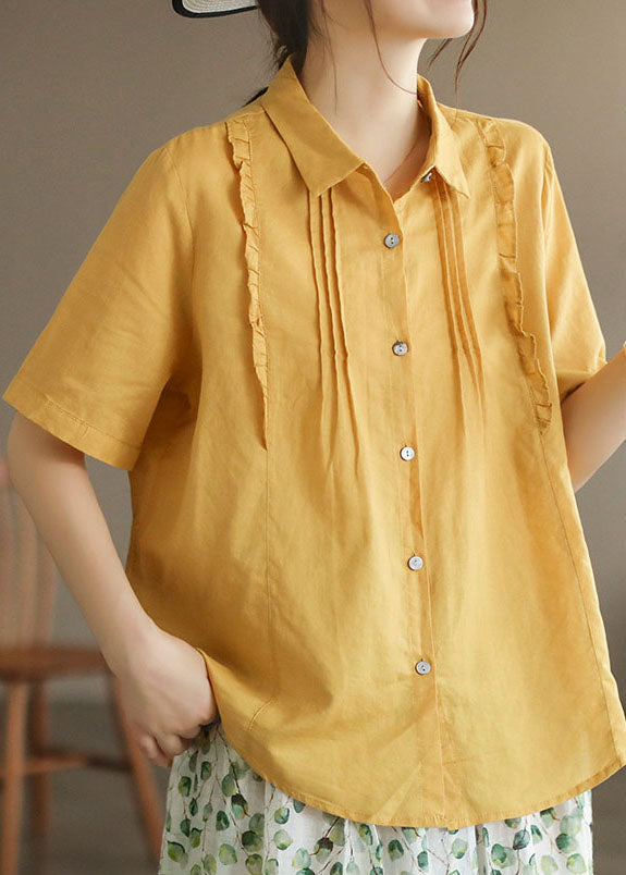Yellow Peter Pan Collar Ruffled Patchwork Cotton Blouses Summer