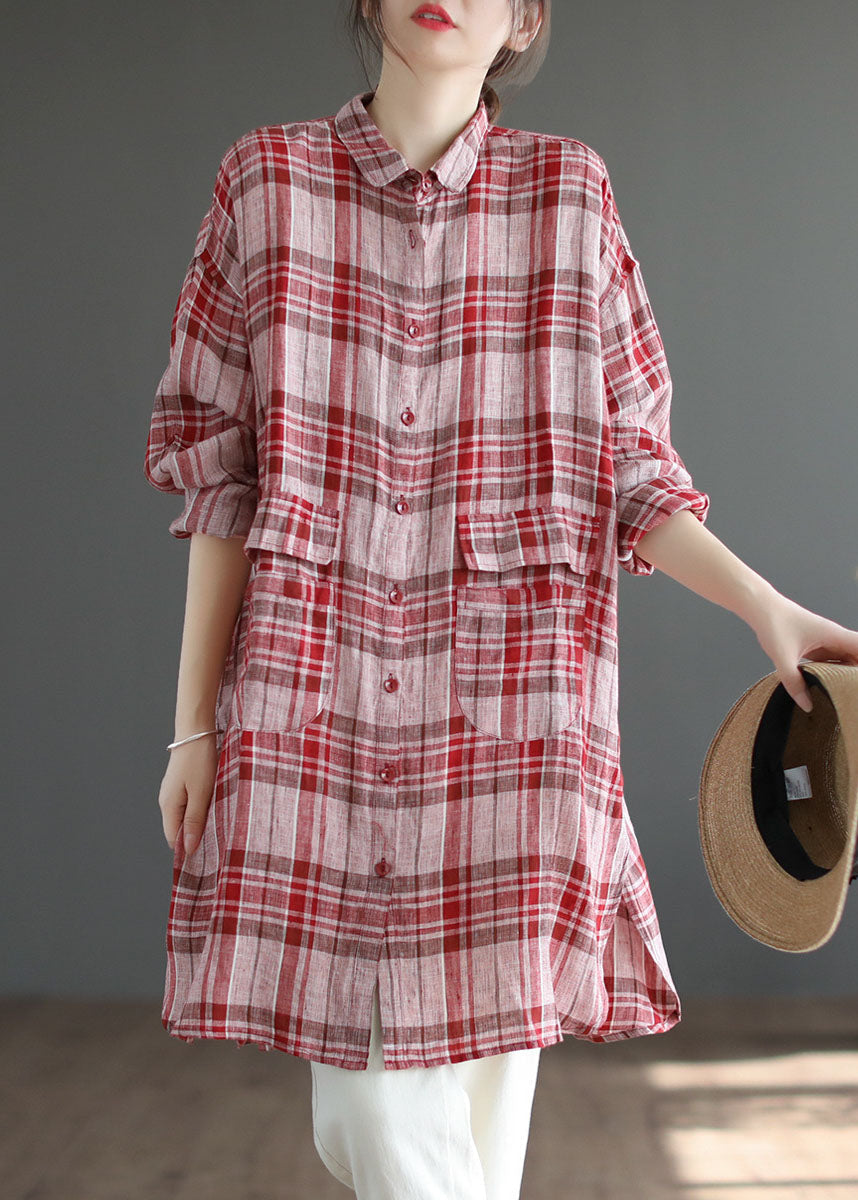 Red Plaid Peter Pan Collar Linen Blouses Spring