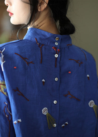 Stylish Yellow Flower Embroidered Retro Linen Blouse Tops Spring