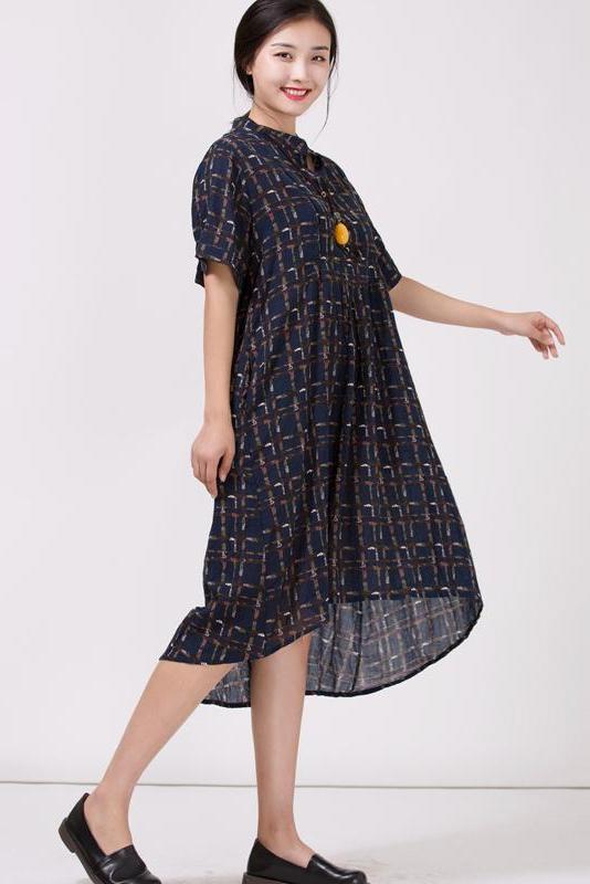 Stand Collar Cotton Colored Printed Dress