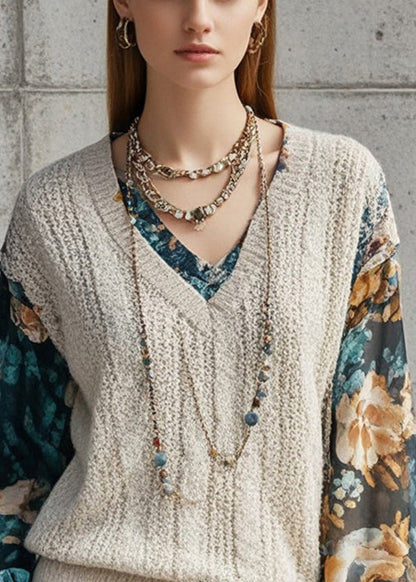 Beige V Neck Patchwork Print Fake Two Piece Knit Shirts Fall