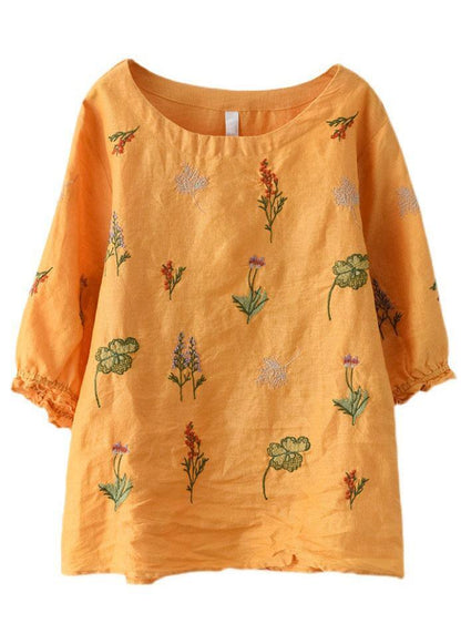 Pink O-neck Embroidered Summer Ramie Blouses Half Sleeve