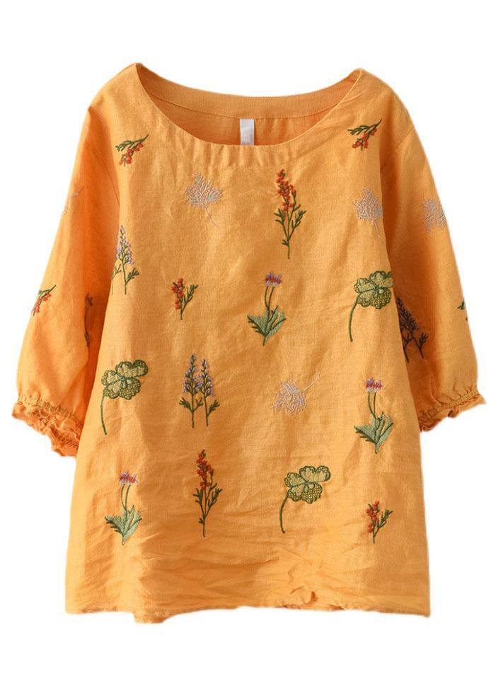 Pink O-neck Embroidered Summer Ramie Blouses Half Sleeve