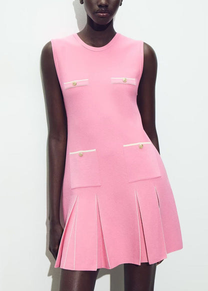 Pink O Neck Wrinkled Knit Mini Dresses Sleeveless