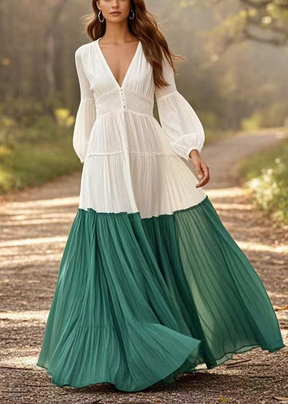 White V Neck Patchwork Exra Large Hem Cotton Pleated Dresses Spring