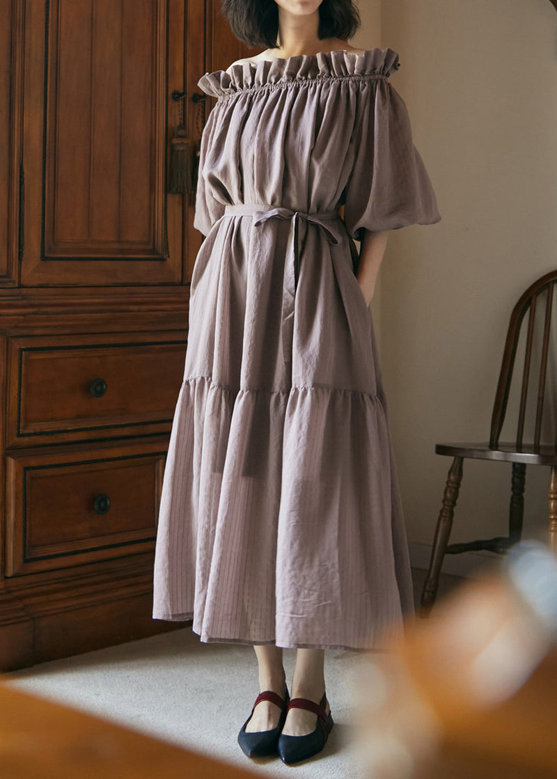 Grey Purple Ruffled Lace Up Patchwork Cotton Dress Summer