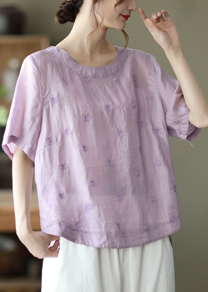 Light Purple Embroidered Linen Shirts Short Sleeve
