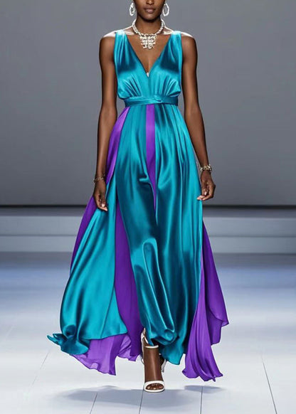 Green Asymmetrical Patchwork Exra Large Hem Silk Long Dress Summer