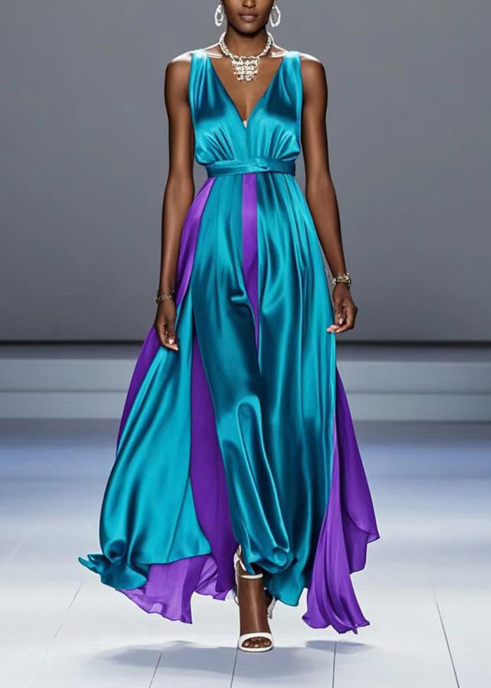 Green Asymmetrical Patchwork Exra Large Hem Silk Long Dress Summer