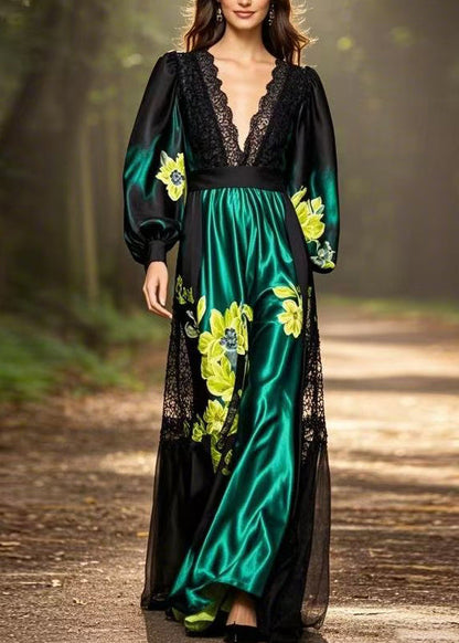 Black Print Pockets Patchwork Silk Long Dresses Spring