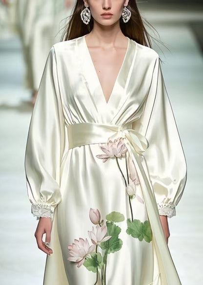 Milk White Tunic Lotus Flower Print Silk Dresses Spring