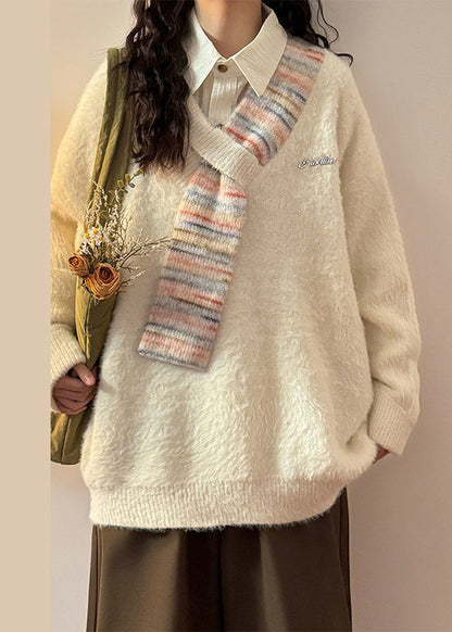 Loose Apricot V Neck Striped Patchwork Mink Hair Knitted Sweaters Spring