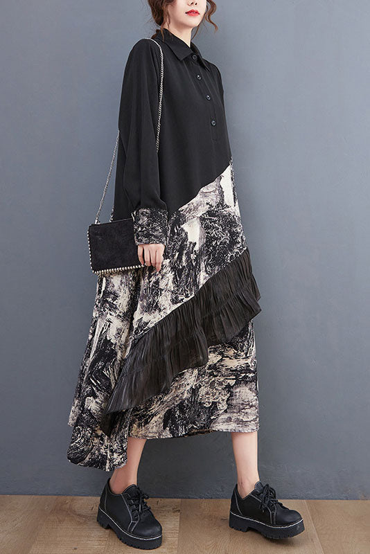 Spring Stitching Print Ruffled Long Dress