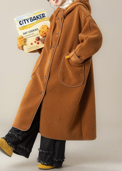 Orange Hooded Button Pockets Teddy Faux Fur Coats Winter