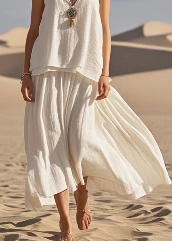 White V Neck Patchwork Cotton Spaghetti Strap Dress Summer