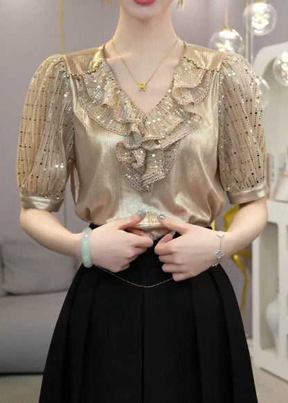 Champagne Ruffled Patchwork Silk Top Short Sleeve
