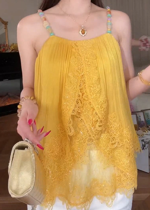 Yellow Lace Patchwork Spaghetti Strap Tops Summer